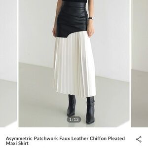 Commense Black Faux Leather and White Chiffon Asymmetrical Skirt NWT